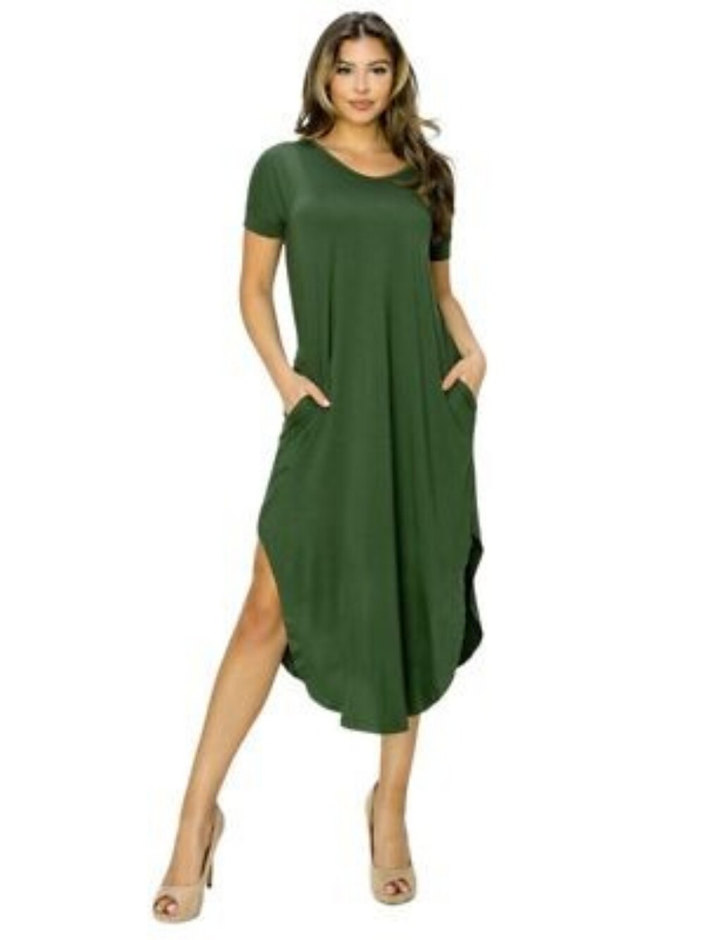 Yelete Black Short Sleeve Midi Dress with Pockets - Picture 1 of 4